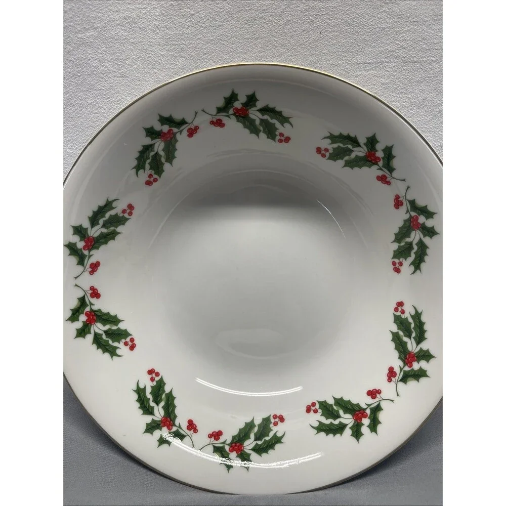 Vintage Porcelain Holly Serving Bowl Japan Mogi Christmas Gold Rim Holly 9 1/4